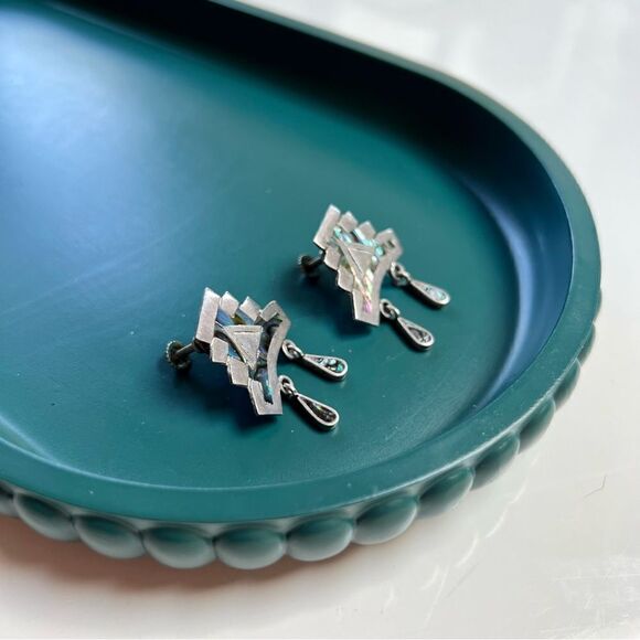 Vintage 1970s Sterling Silver 925 Iridescent Abalone Aztec Mayan Style Earrings - Picture 5 of 7